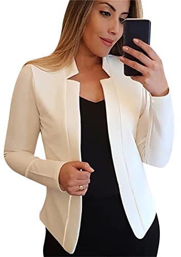 OMZIN Damen 3/4 Ärmel Blazer Open Front Cardigan Jacke Arbeit Büro Abgeschnitten Blazer Weiß L