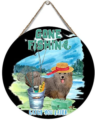 Holzschild zum Aufhängen, Motiv: Strandleben, Tier, Hund, See, Angeln, 30,5 x 30,5 cm, rund, Gone Fishing Catch You Later, rustikale Holzschilder, lustiges Schild für Zuhause, Büro,