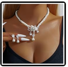 Hochzeits-Perlen-Blumen-Halsketten-Set Brautkristall weiße Kunstperlen Anhänger Halskette Ohrringe Blumen-Strass Kunstperlen Kettenschmuck für Frauen Braut Brautjungfer (Weiß A)