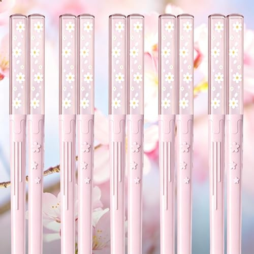 Lot de 5 paires de baguettes en fibre de verre réutilisables, passent au lave-vaisselle, 24,3 cm, mat, antidérapant, pour famille/hôtel/restaurant, bâtonnets chinois/japonais, fleur de cerisier rose