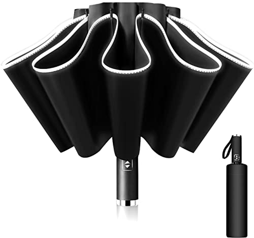 Ombrello Inverso Automatico, Ombrello Pieghevole Antivento, Ombrello Grande da Pioggia 10 Stecche Rinforzate per Uomo Donna, Diametro 105cm (Nero)