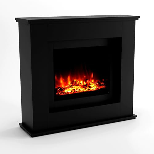 GLOW FIRE EUROPA Stufa Elettrica a Pavimento - Caminetto Elettrico con Riscaldamento, Fuoco LED in 3 Colori, Ventola, Decorazione in Legno, Telecomando, 111x101x33 cm, Nero