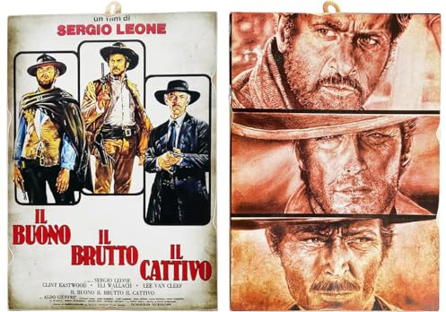 KUSTOM ART 2 Quadri Stile Vintage Serie Celebri Attori Clint Eastwood e Locandina Film II Buono, il Brutto, il Cattivo Stampa su Legno 25x18 cm.