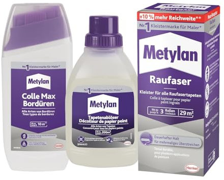 Metylan Raufaser, für Raufasertapete (1x180g) & Metylan Bordüren Klebstoff (1x250g) & Metylan Tapetenablöser Aktiv-Konzentrat, löst schnell und problemlos (1x0,5l)