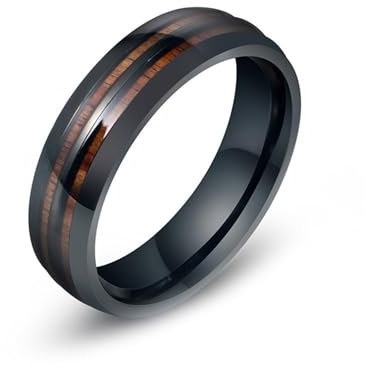 KnBoB 6MM Trauringe Mode Edelstahl Herren Ring Schwarz Poliert Holz Schmuck Ring Größe 67 (21.3)
