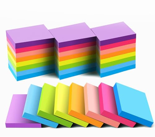 Wowivy 24 Blöcken Haftnotizen, 38mm x 50mm, 8 Farben-Post-Selbstklebenotizen-Pad für helle Stickies Bunte klebezettel für Büro, Haus, Meeting, 75 Blätter/Block, 1800 Blätter