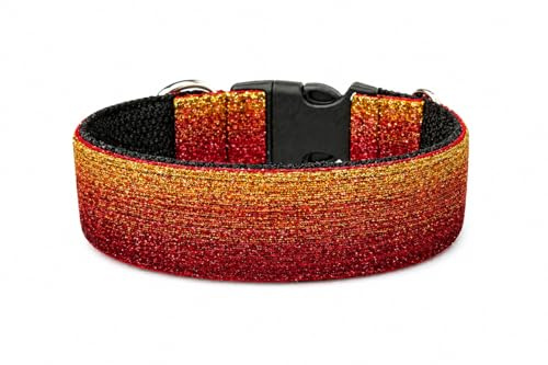 Glitzer Hundehalsband Zugstopp extra breit 4cm, weiche Polsterung, Ombre Gold-rot, verstellbar Martingale, Party-Halsband Stoffhalsband (bis 38cm Hals- 44cm Kopfumfang inkl 6cm Zugstopp)