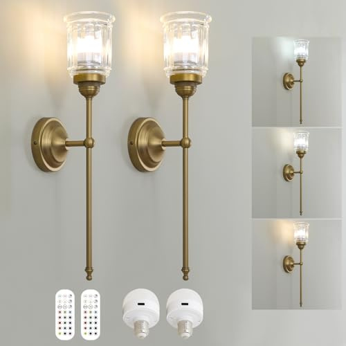 HEQIQEH Vintage Rechargeable Battery Operated Wall Sconces Set of 2 with Clear Fringe Glass Shade, Dimmable Cordless Wall Mounted Lamp Fixtures with Remote Control for Living Room Bedroom Stairs