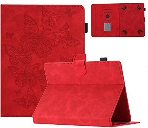 Dteck Universal Case for 7 Inch Android Tablet/Samsung Galaxy Tab E/3/4/A 7.0 Inch/Fire 7 Tablet/Kindle Oasis 7 /Paperwhite 6.8 - Cute Butterfly Leather Folio Case with Stand/Card Slots (Red)