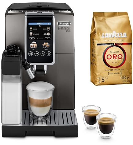 De'Longhi Dinamica Plus ECAM380.95.TB Fully Automatic Coffee Machine with LatteCrema Milk System, Titanium/Black + Lavazza, Qualità Oro, Café en Grano Natural, Paquete de 1 kg