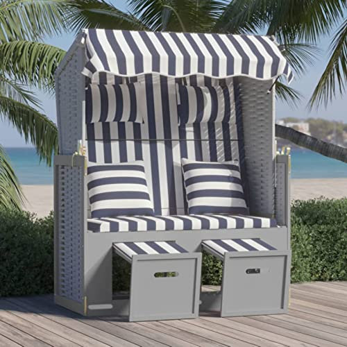 Homgoday Strandkorb mit Kissen Sonnenliege Strandkorb Doppelte Sonnenliege mit Dach Doppelliege Verstellbare Rückenlehne Gartenliege Poly Rattan & Massivholz Blau & Weiß