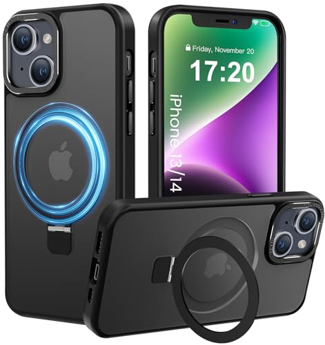 PuyaTeya für iPhone 13/14 Hülle mit Magnet Ständer, Schwarz | Kratzfeste, fingerabdruckresistente, rutschfeste und stoßfeste [transluzent matte] Handyhülle für iPhone 13/14