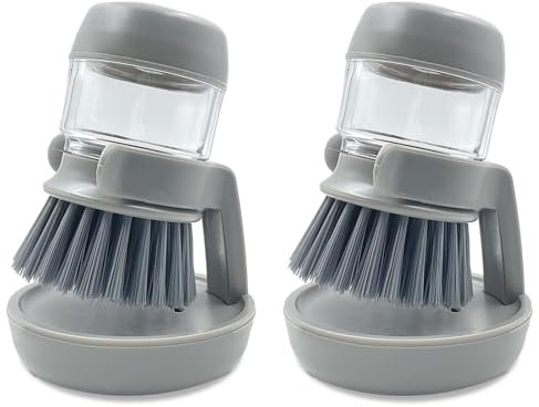 Palm Scrub Refillable Soap Dispensing Cleaning Washing Up Kitchen Brush with Storage Stand Holder, Suitable for Cleaning Sink, Tableware, Non-Stick pots and Cutting Boards,Grey (2)