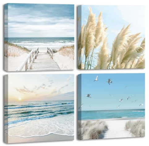CHDITB Havsstrand väggkonsttryck, havsvågor duktryck, kust vass bilder målningar, strand soluppgång kanvas affisch, modern sjölandskap affisch set för vardagsrum sovrum heminredning (4 st, 40 x 40 cm)