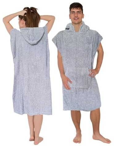 Tuva Home Poncho Handduk med Huva | Unisex i Bomullsfrotté | Strand och Pool Omklädningsrock med Ficka | Idealisk för Simmare och Surfare (Grå)