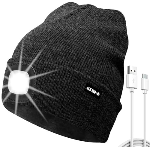 ATNKE LED Gorro con Luz, USB Tipo C Recargable 4 LED Luz Gorra para Correr Super Brillante Invierno Cálido Punto Gorro Regalos para Hombre y Mujer/Dark Grey