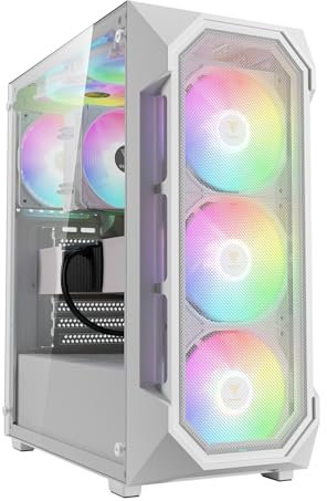 GAMDIAS White ATX Mid Tower Gaming Computer PC Case w/Tempered Glass, Built-in 4X 120mm ARGB Fans, Support Up to 6X 120mm Fans, 360mm AIO/Radiator, 340mm GPU/VGA, 160mm CPU Air Cooler