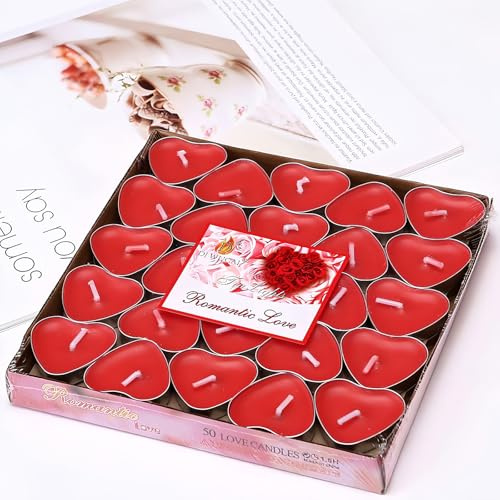 Mainiusi Teelichter Herz Kerzen Rot 50 Stück - Kleine Kerzen für Hochzeit, Verlobung, Heiratsantrag - 1 Stunde Brenndauer - Romantische Deko für Marry Me