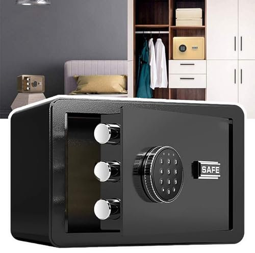 QIeAny Cassaforte Elettronica, Pannello con Tastierino Numerico, 2 modalità di Sblocco (Password/Chiave), Allarme con Vibrazione Antifurto, per Ufficio (Dimensioni Interne: 24,5x34x20 Cm),Black