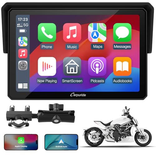 Motorcycle CarPlay Screen Carpuride W502 – 5 IP67 Waterproof Touchscreen, Wireless CarPlay & Android Auto, Dual Bluetooth, GPS Navigation, Universal Handlebar Mount, Siri Voice Control