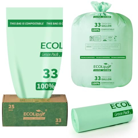 ECOLipak 33 Gallon Compostable Trash Garbage Bags, 25 Count (1 Roll) Biodegradable Heavy Duty Large Outdoor Trash Bags for Lawn/Yard, US BPI ASTM D6400 and OK Compost Home Certified