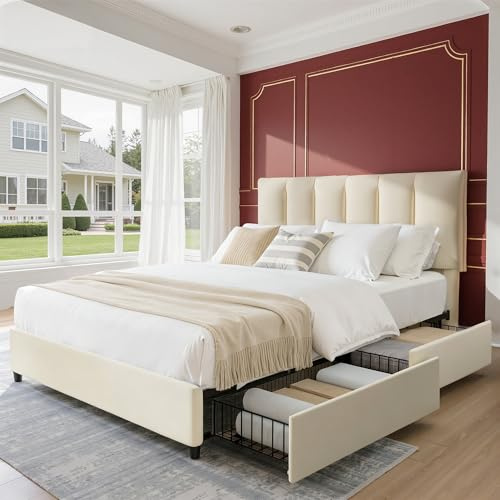 VECELO 4ft6 Double Bed Frame with 4 Storage Drawers, Upholstered Platform with Adjustable Velvet Headboard, Sturdy Wooden Slat Support, No Box Spring Needed, Easy Assembly, Beige