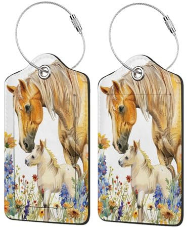 Gepäckanhänger aus PU-Leder für Koffer, Bauernhaus, Pferd, Aquarell, Blume, Natur, Taschenanhänger für Rucksäcke, Handtasche, Schultasche, Rucksack mit Edelstahlschlaufe