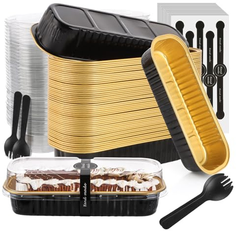 LOPYXBR Mini Loaf Cake Cases - 75 Sets, 200ml Aluminum Foil Tins with Lids, Black and Gold, Reusable for Bread Baking