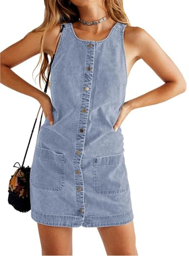 Yousify Womens Casual Sleeveless Denim Dresses Button Down Summer Jean Mini Dress 2026 Trendy Overalls with Pockets Light Blue