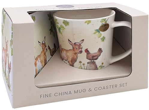 The Leonardo Collection Papierschuppen Design Ziege & Henne Tasse mit Untersetzer für Zuhause und Küche, stilvolle Keramikbecher für Tee und Kaffee, schönes Tassen-Set für Herren, Geburtstagsgeschenk