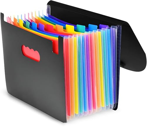 LKH Document Organiser - 12 Multi Color Pockets Expanding File Organiser A4 Water Resistant File Folder for Office, Home, & School Secure Flap Closure with Cord (Black, A4, 12)