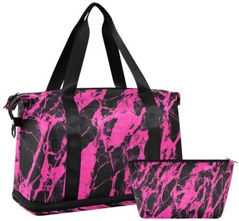 Schultertasche, Wochenendtasche, Übernachtungstasche, verstellbarer Riemen, faltbar, für Männer und Frauen, Schwarz / Rosa