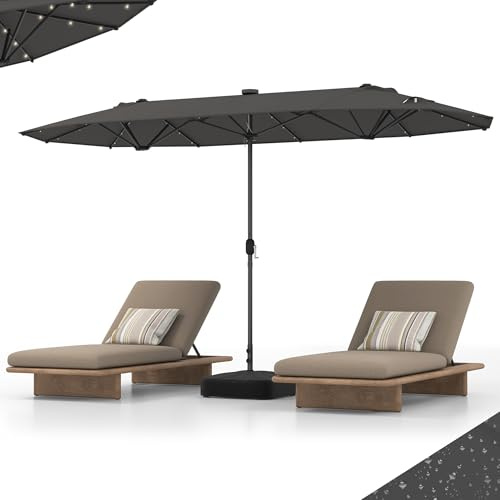 RELAX4LIFE Grand Parasol de Jardin Extérieur avec LED Solaire | Parasol Double Terrasse avec Pied | 12 Baleines | Manivelle | Polyester Résistant | Protection UV pour Piscine Patio Marché (Gris)