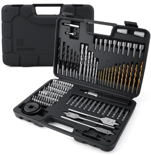 Juego Profesional 111 Piezas Brocas y Puntas en Maletín para Madera, Metal y Mampostería, con Fresas Planas, Sierras de Corona y Accesorios, Compatible con Taladros Bosch y Otros