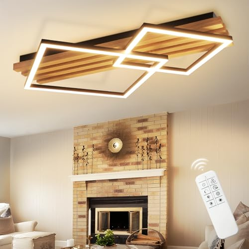 GBLY LED Deckenlamape Holz Deckenleuchte Dimmbar 55CM Schlafzimmer Lampe | eckig Modern wohnzimmerlampe Geometrisch 36W Fernbedienung Schlafzimmerlampe Design für wohnzimmer Küche Esszimmer Büro Lampe