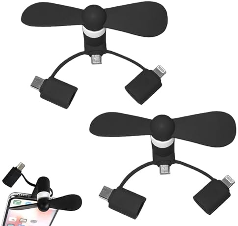 3 i 1 Fläktar för Mobiltelefon, Fläktar för Telefoner, 2 STK Mini Fläkt, Tysta USB-bordsfläktar, Bärbar Fläkt 3 i 1, för Android-telefoner/Typ C, Svart
