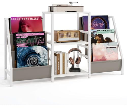 GIANTEX Soporte para Tocadiscos con 3 Estantes Abiertos y 6 Bolsillos de Almacenamiento, Combinación Flexible, Estantería para Discos de Vinilo, 125x30x69cm, Mueble para Salón, Dormitorio (Blanco)