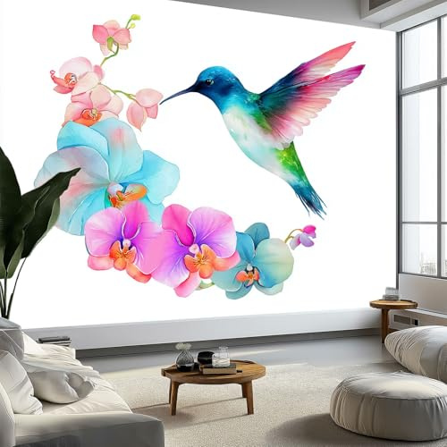 Arte da Parete Fiori e Uccelli Ad Acquerello Murales Personalizzati Stile Minimalista Carta da Parati Fotografica per Cameretta Bambini, Camera da Letto 450 x 315 cm, Carta da Parati in Effetto 3D