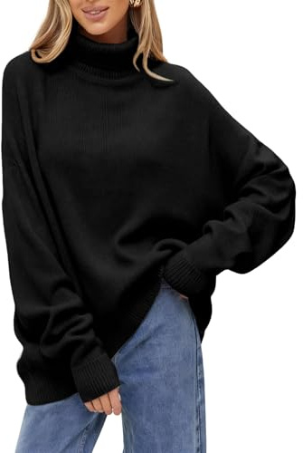 JFAN Jersey de Cuello Alto para Mujer Elegante Suéter de Punto Manga Larga Pullover Holgados Sólidos Clásico para Otoño e Invierno Negro XL