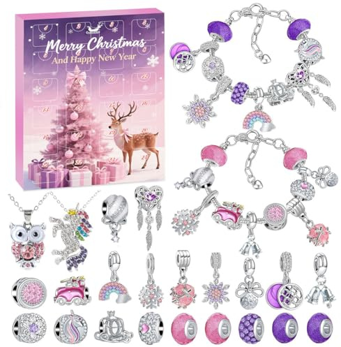 Calendrier de l'Avent 2025 Enfant Fille, Calendrier Avent DIY Charms Cadeau, Calendrier de Noël Bracelet Fabrication Bijoux, DIY Calendrier de Noël Charms Bracelet Kit pour Fille Ado 5-14 Ans