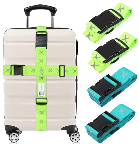 katmerio Koffergurt für Reisekoffer, 4 Stück Kofferband Gurt Set, Kofferbänder mit Feste Schnalle & Namensschild, Verstellbare Gepäckgurte für 20-32 Zoll Koffer (Blauer See & Leuchtendes Grün)