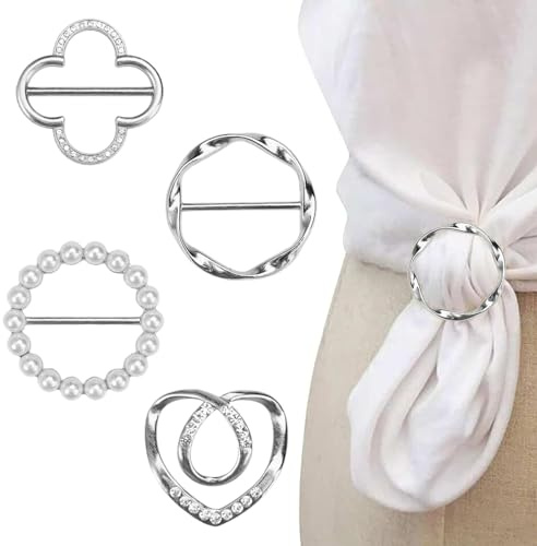 4 Stück Broschen für Kleidung,Schleppennadel Brautkleid Clothes Corner Knotted Button for Women Fashion Metal Round Circle Shirt Clip Buckle (Silber)