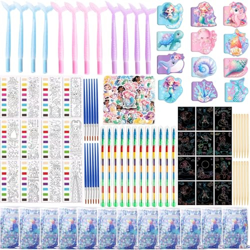 Ensemble de fournitures de papeterie avec stylos, carnets, cartes de coloriage à l'eau, crayons, papier à gratter, autocollants pour 12 invités
