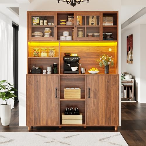 Gxffipw Küchenschrank Buffetschrank Höhe 185 cm mit LED Beleuchtung und Snackablage, Highboard Küchenschränke mit Verstellbaren Ablagen, Hochschrank mit Arbeitsplatte, Küchenmöbel, Walnussfarbe