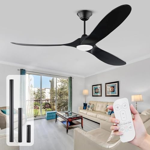 Schwarzer 178 cm großer Deckenventilator für den Außenbereich mit Beleuchtung, moderner großer Deckenventilator aus Holz, Gleichstrommotor, ultraleise, geeignet für Terrassen, Balkone und Innenräume