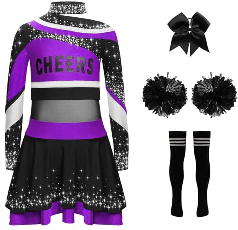 Eulervate Kinder Cheer Leader Kostüm Mädchen Kleid Langarm Glitzer Cheerleading Tanzkleid Outfits Karneval Halloween Fasching