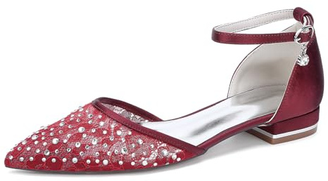 Yhsdfcn Spets och Satin Mix Bröllopsskor Dam Platta Brudskor Strass Spetsiga Ballerinaskor d'Orsay Ankelrem med Kristallhänge Bekväma Festskor Elegant,Burgundy,37 EU