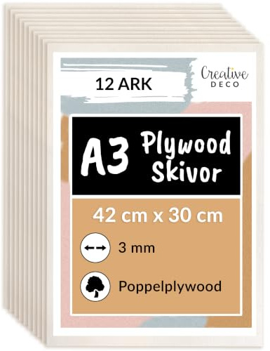 Creative Deco 12 x A3 Konstruktion i plywood 3mm | Asiatiskt poppelplywood | 420 x 300 (+/- 2) mm | Tunna träskivor | Perfekt skiva för lövsåg | brännmålning | laserskärning
