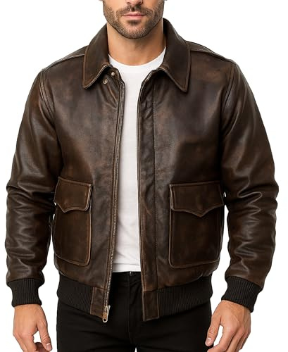 LP-FACON Men's A2 Flight Jacket Aviator Pilot US Air Force Distressed Brown Bomber Leather Outerwear S