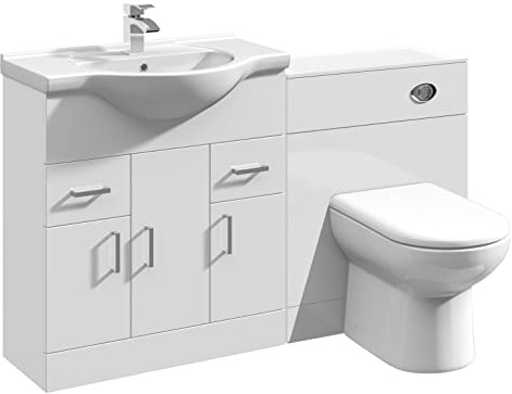 VeeBath Linx 1350 Vanity Unit Furniture Set, Wash Basin Bathroom Sink, WC, BTW Toilet Pan, Soft Close Toilet Seat, Concealed Cistern-White (Flat Pack)